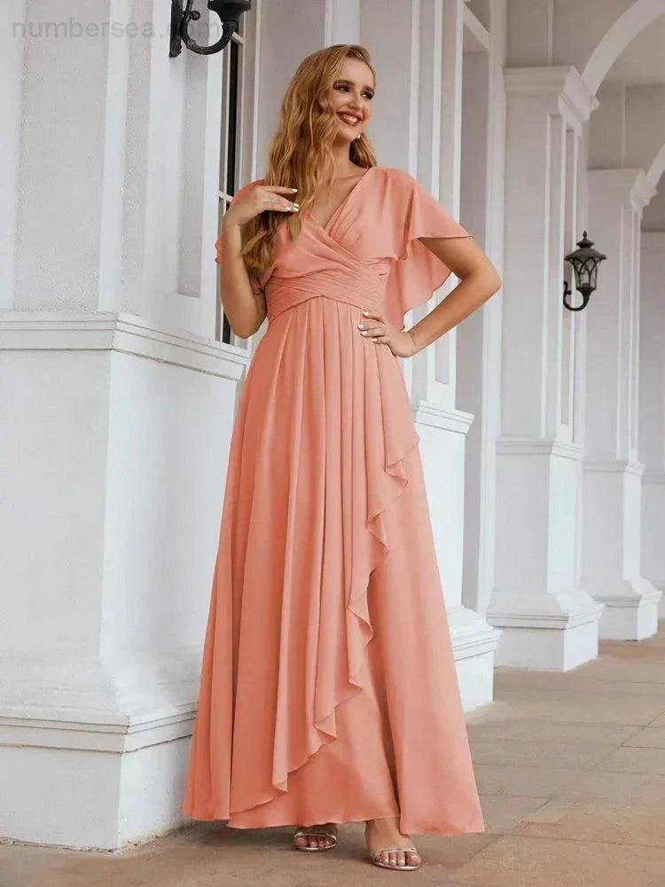 Numbersea Chiffon Bridesmaid Dresses Long Formal Evening Prom Mother of The Bride Dress with Flutter Sleeve     SEA28040 - Image 4