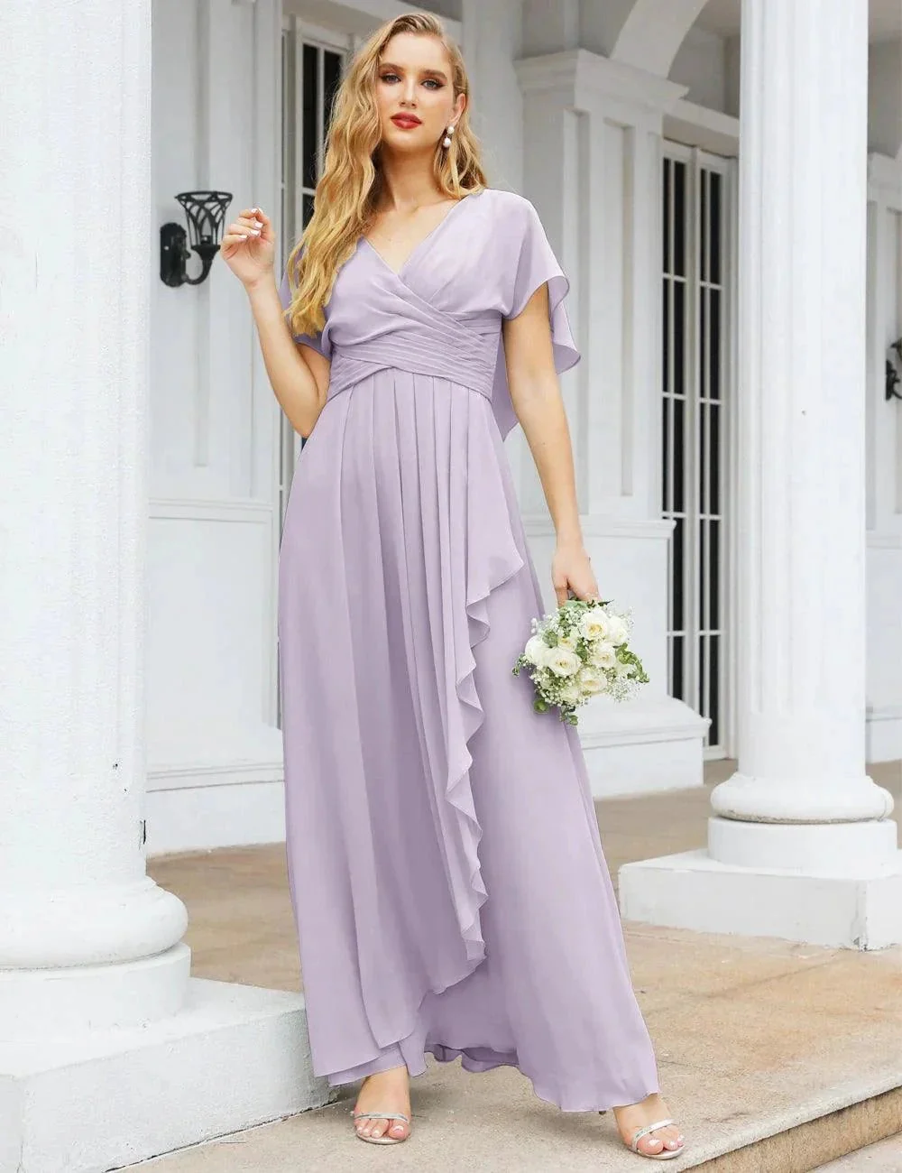 Numbersea Chiffon Bridesmaid Dresses Long Formal Evening Prom Mother of The Bride Dress with Flutter Sleeve     SEA28040 - Image 71