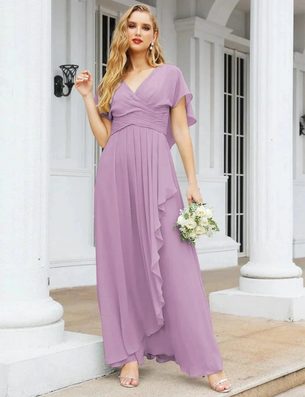 Numbersea Chiffon Bridesmaid Dresses Long Formal Evening Prom Mother of The Bride Dress with Flutter Sleeve     SEA28040 - Image 80