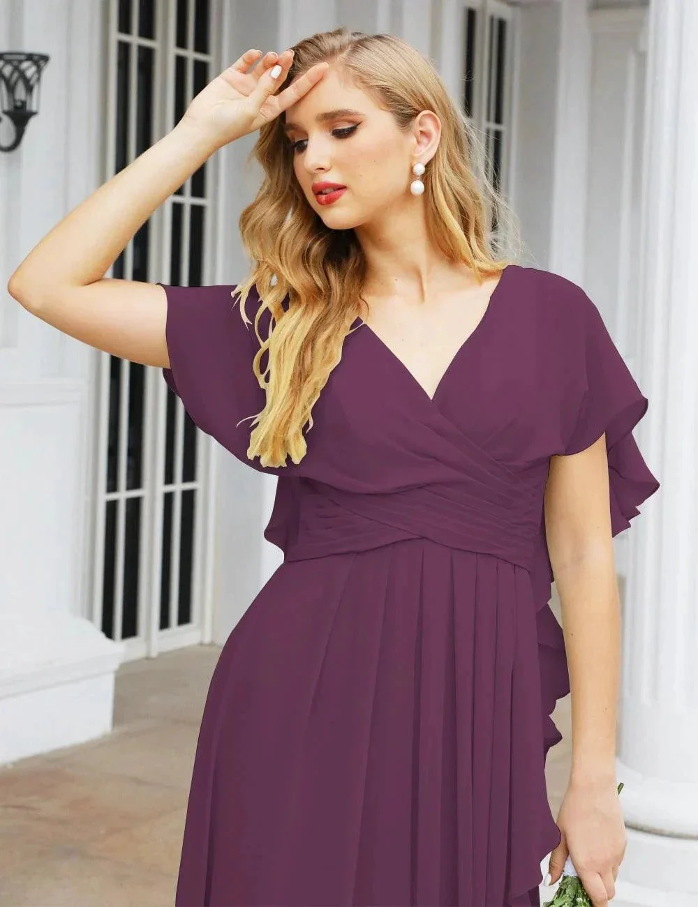 Numbersea Chiffon Bridesmaid Dresses Long Formal Evening Prom Mother of The Bride Dress with Flutter Sleeve     SEA28040 - Image 91