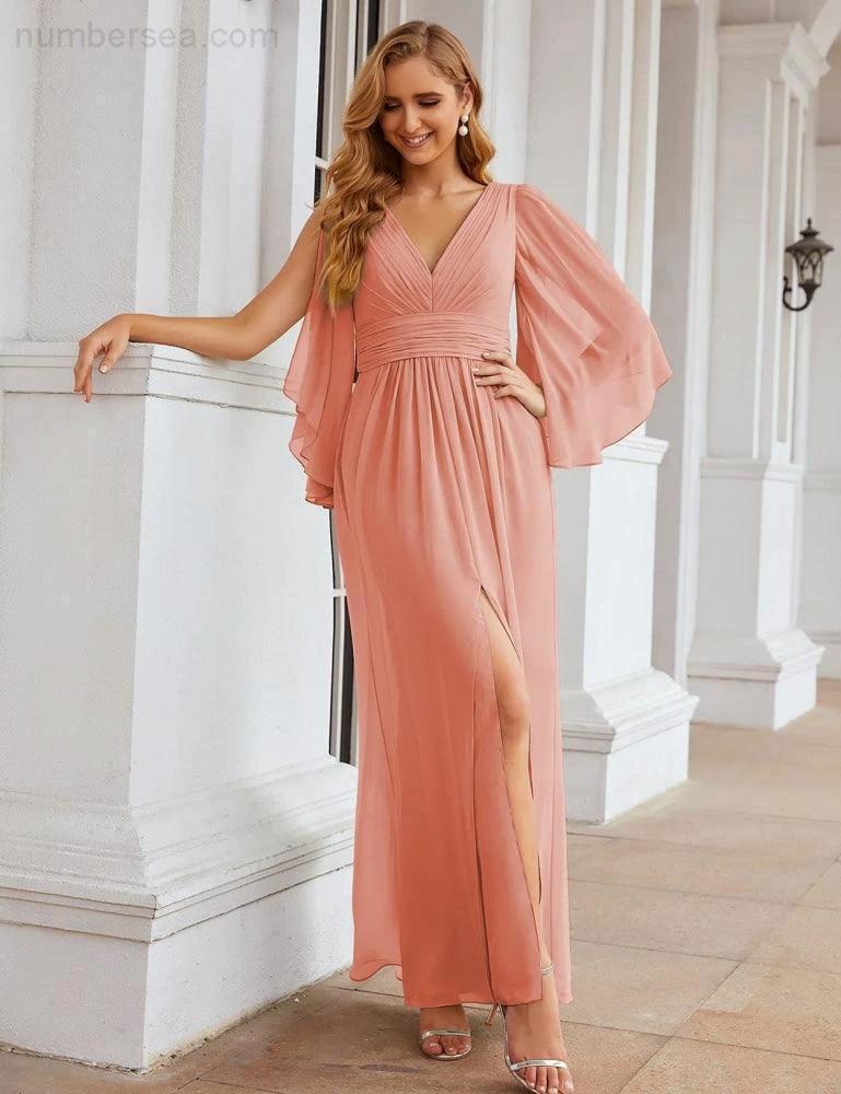 Numbersea Chiffon Bridesmaid Dresses with Split for Women Wedding Long Party Prom Gown Flutter Sleeve SEA28045 - Image 4