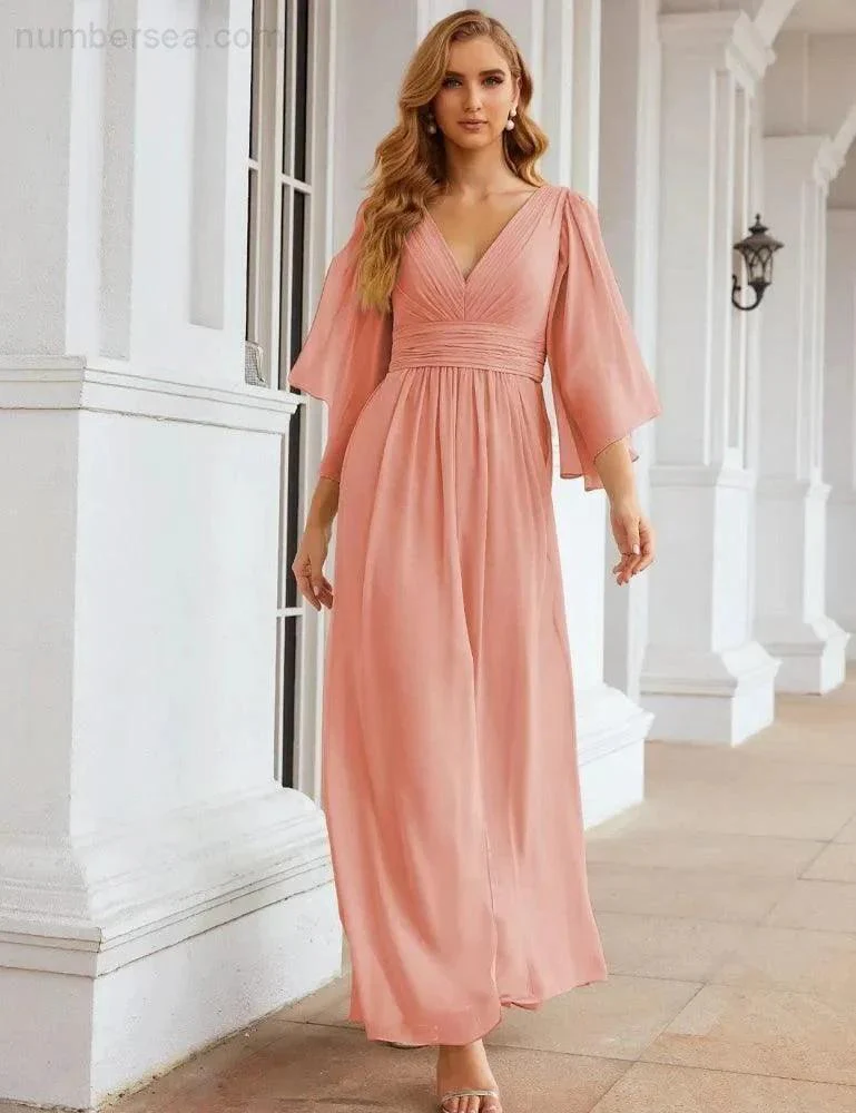 Numbersea Chiffon Bridesmaid Dresses with Split for Women Wedding Long Party Prom Gown Flutter Sleeve SEA28045 - Image 5