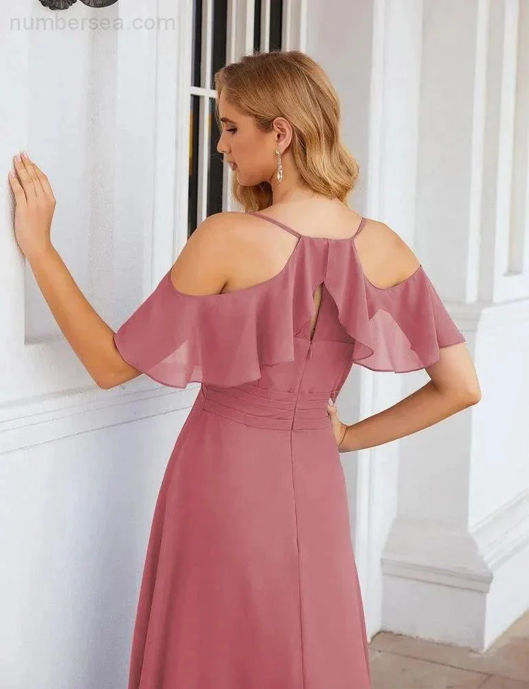 Numbersea Chiffon Cold Shoulder Long Bridesmaid Dresses Plus Size Formal Prom Gowns for Women Party Wedding  SEA28070 - Image 12