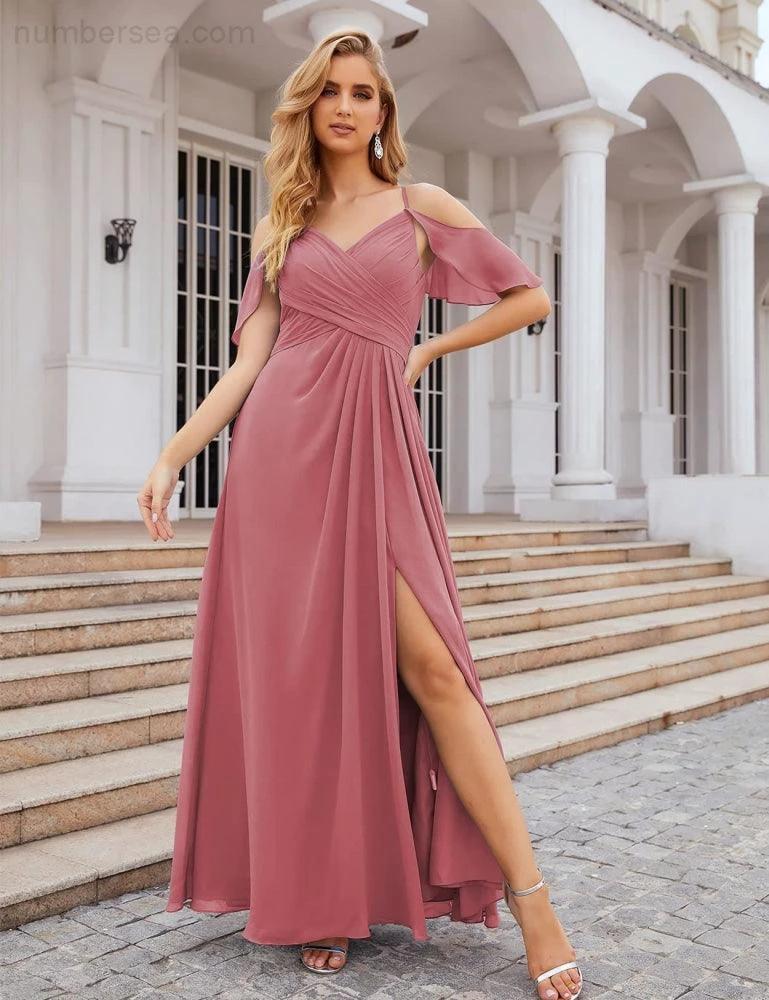 Numbersea Chiffon Cold Shoulder Long Bridesmaid Dresses Plus Size Formal Prom Gowns for Women Party Wedding  SEA28070 - Image 13