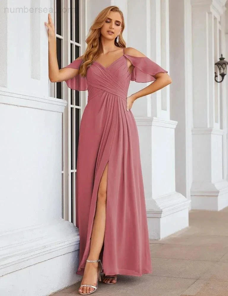 Numbersea Chiffon Cold Shoulder Long Bridesmaid Dresses Plus Size Formal Prom Gowns for Women Party Wedding  SEA28070 - Image 14