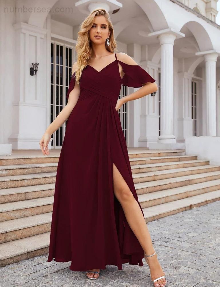 Numbersea Chiffon Cold Shoulder Long Bridesmaid Dresses Plus Size Formal Prom Gowns for Women Party Wedding  SEA28070 - Image 18