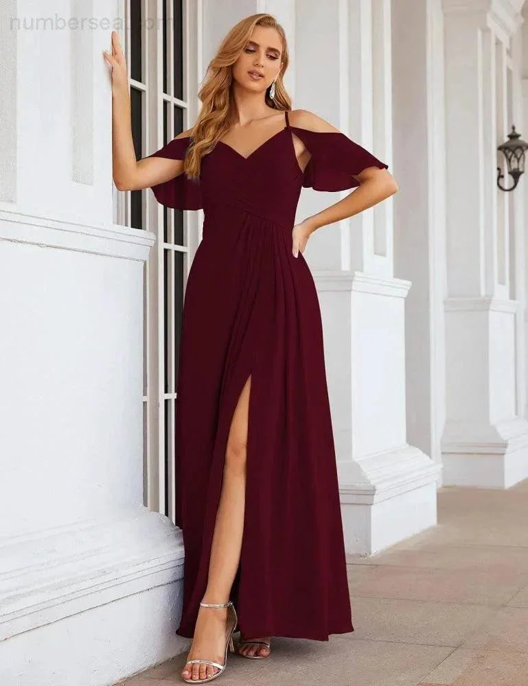 Numbersea Chiffon Cold Shoulder Long Bridesmaid Dresses Plus Size Formal Prom Gowns for Women Party Wedding  SEA28070 - Image 19