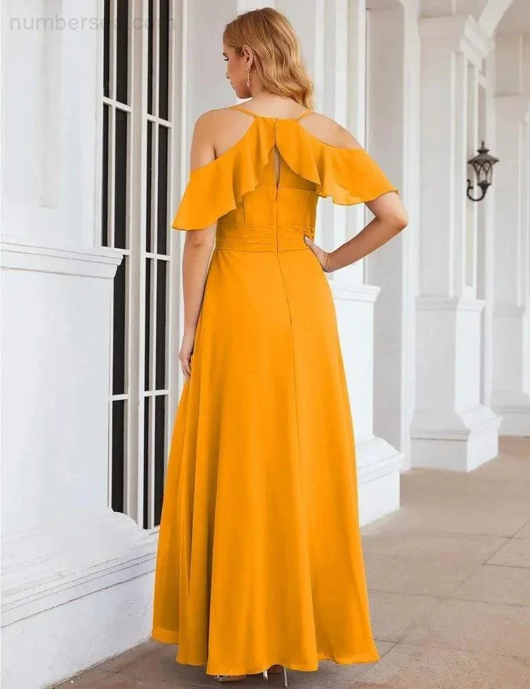 Numbersea Chiffon Cold Shoulder Long Bridesmaid Dresses Plus Size Formal Prom Gowns for Women Party Wedding  SEA28070 - Image 21