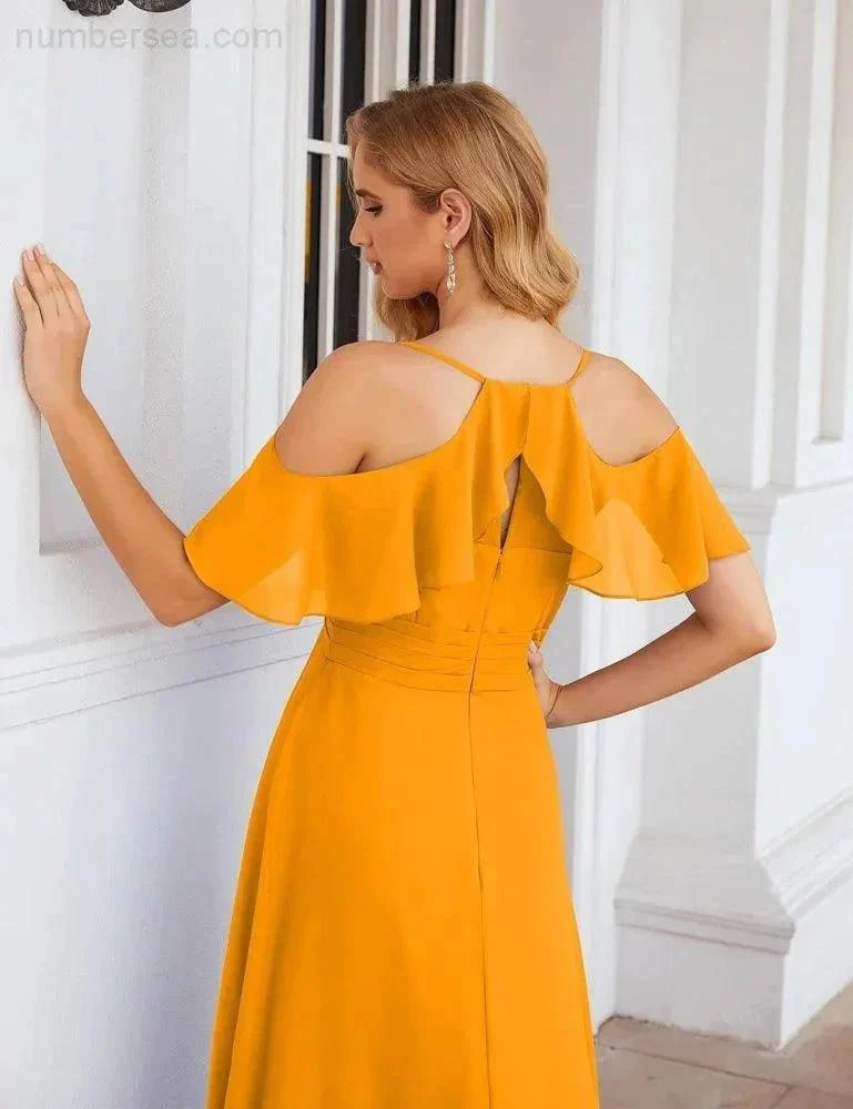 Numbersea Chiffon Cold Shoulder Long Bridesmaid Dresses Plus Size Formal Prom Gowns for Women Party Wedding  SEA28070 - Image 22