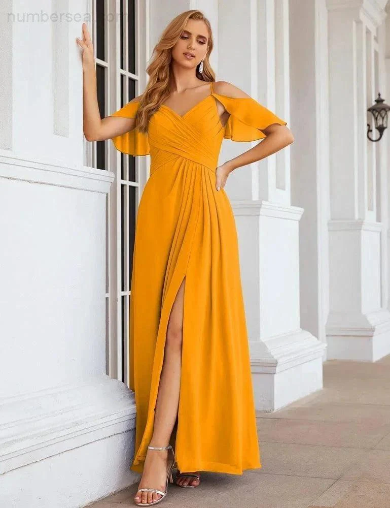 Numbersea Chiffon Cold Shoulder Long Bridesmaid Dresses Plus Size Formal Prom Gowns for Women Party Wedding  SEA28070 - Image 24