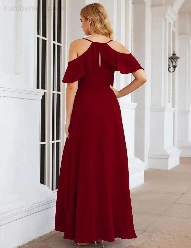 Numbersea Chiffon Cold Shoulder Long Bridesmaid Dresses Plus Size Formal Prom Gowns for Women Party Wedding  SEA28070 - Image 26
