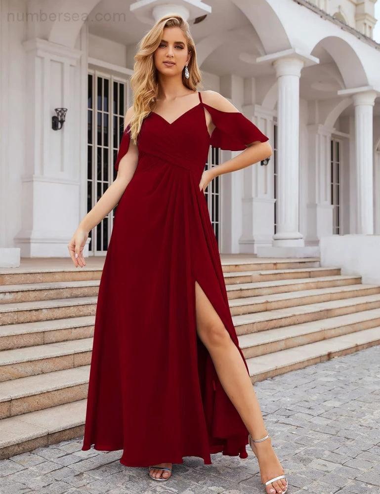 Numbersea Chiffon Cold Shoulder Long Bridesmaid Dresses Plus Size Formal Prom Gowns for Women Party Wedding  SEA28070 - Image 28