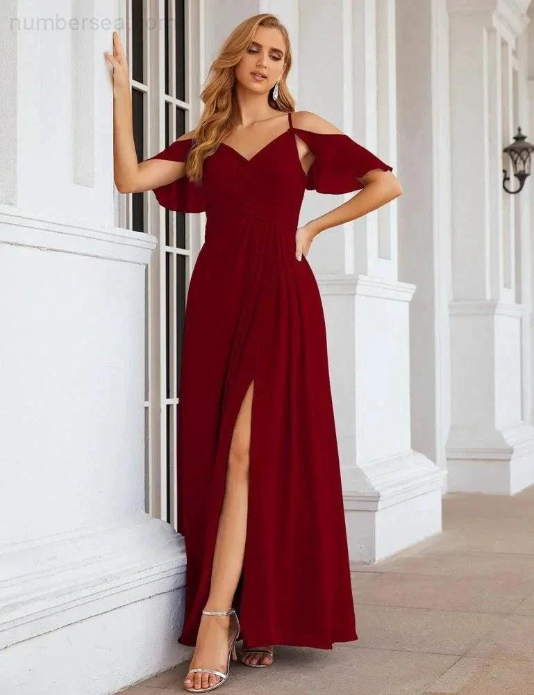 Numbersea Chiffon Cold Shoulder Long Bridesmaid Dresses Plus Size Formal Prom Gowns for Women Party Wedding  SEA28070 - Image 29