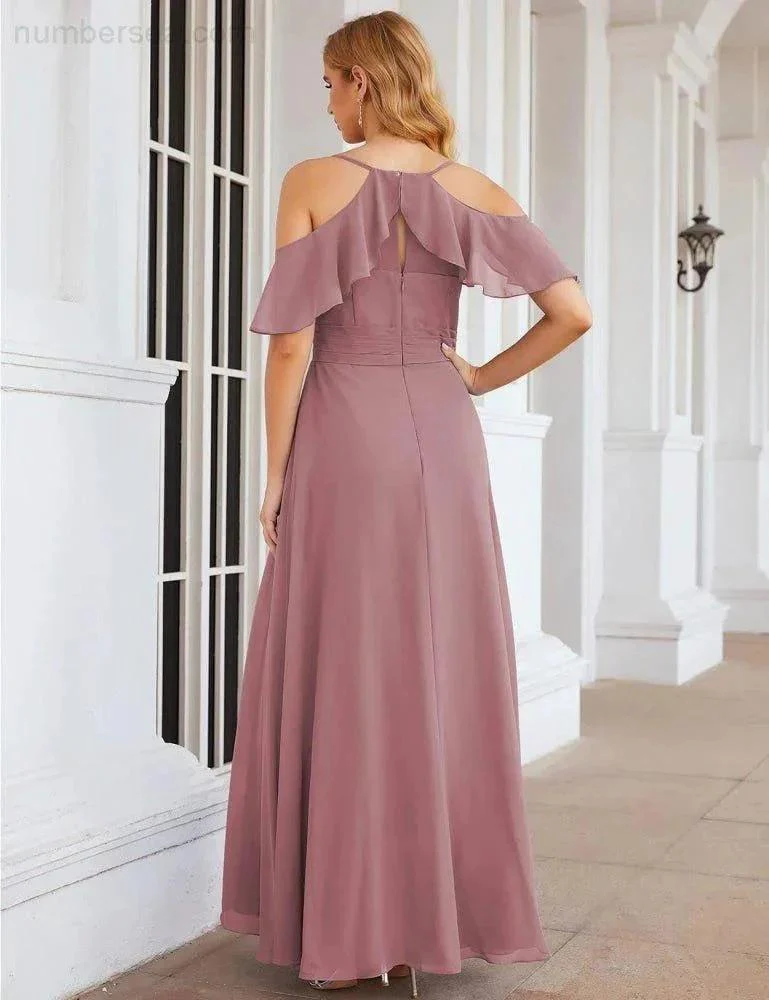 Numbersea Chiffon Cold Shoulder Long Bridesmaid Dresses Plus Size Formal Prom Gowns for Women Party Wedding  SEA28070 - Image 31