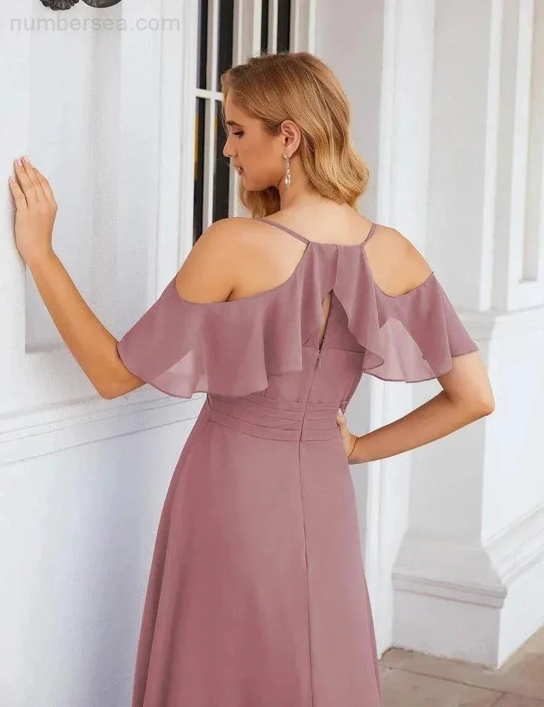 Numbersea Chiffon Cold Shoulder Long Bridesmaid Dresses Plus Size Formal Prom Gowns for Women Party Wedding  SEA28070 - Image 32