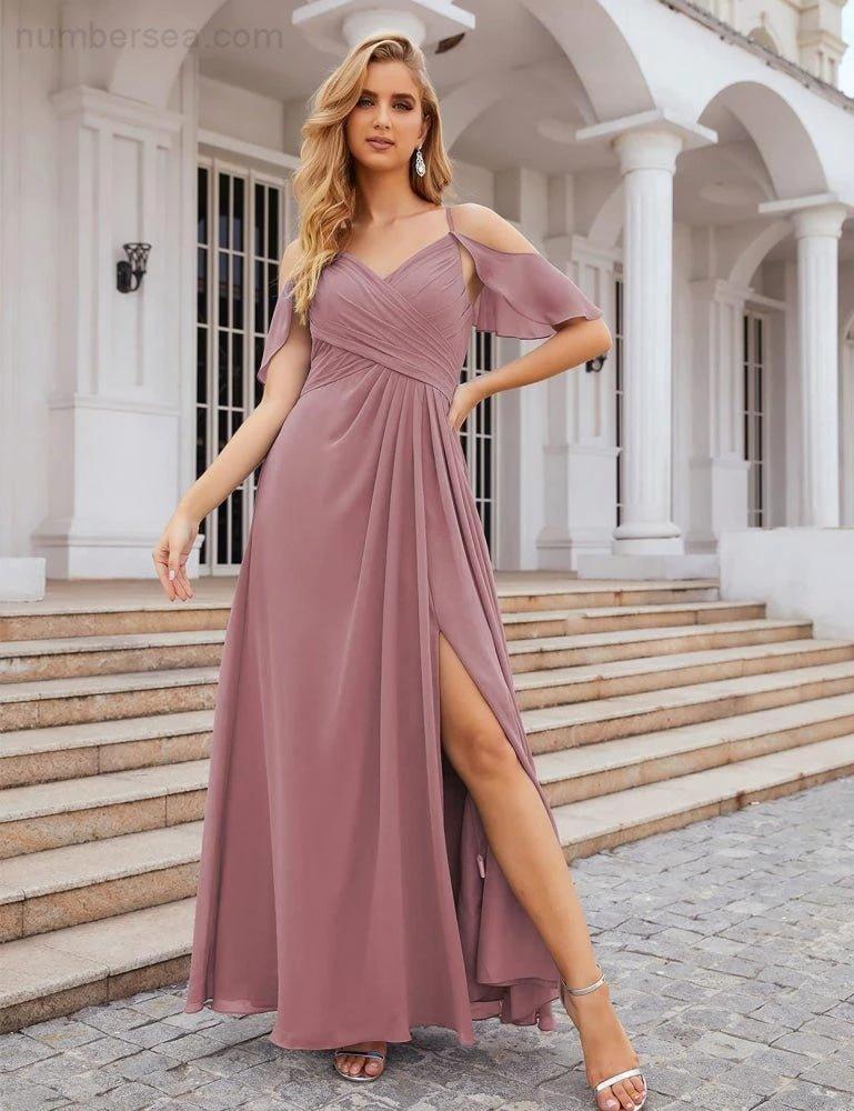 Numbersea Chiffon Cold Shoulder Long Bridesmaid Dresses Plus Size Formal Prom Gowns for Women Party Wedding  SEA28070 - Image 33