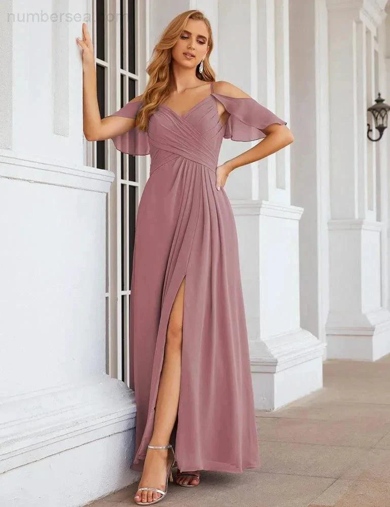 Numbersea Chiffon Cold Shoulder Long Bridesmaid Dresses Plus Size Formal Prom Gowns for Women Party Wedding  SEA28070 - Image 34