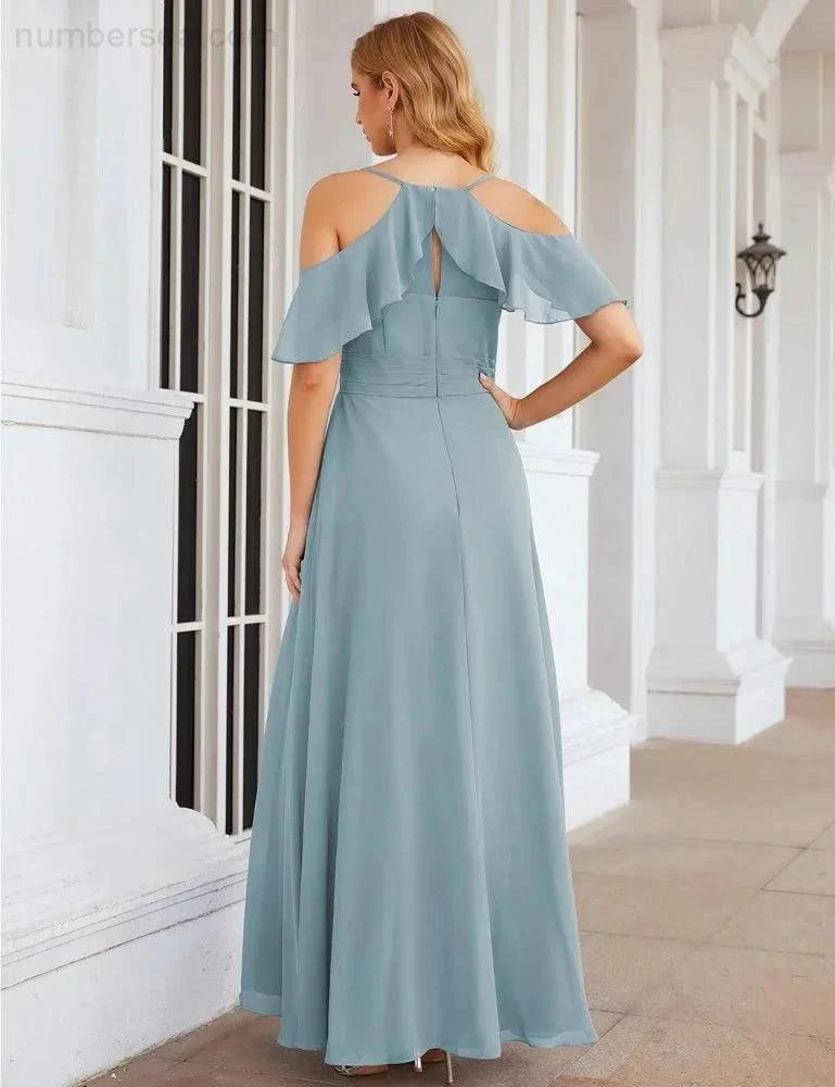 Numbersea Chiffon Cold Shoulder Long Bridesmaid Dresses Plus Size Formal Prom Gowns for Women Party Wedding  SEA28070 - Image 36