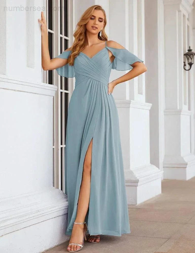 Numbersea Chiffon Cold Shoulder Long Bridesmaid Dresses Plus Size Formal Prom Gowns for Women Party Wedding  SEA28070 - Image 39