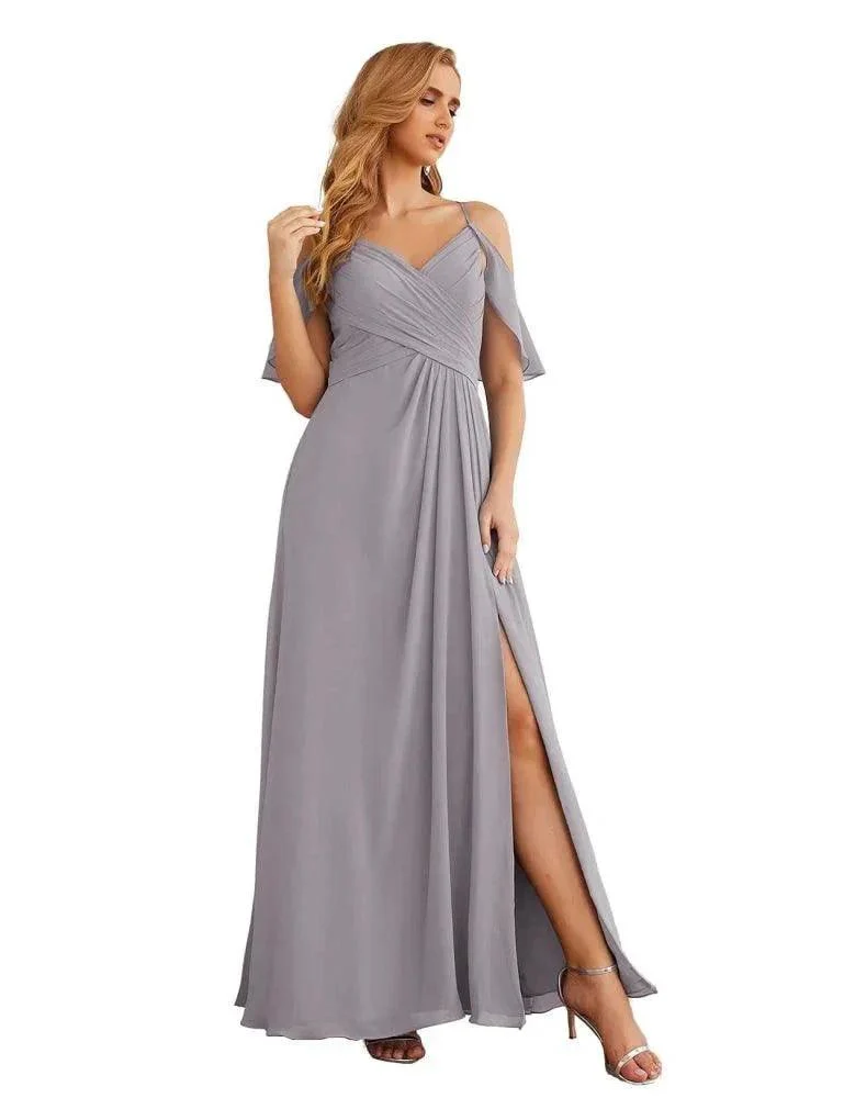 Numbersea Chiffon Cold Shoulder Long Bridesmaid Dresses Plus Size Formal Prom Gowns for Women Party Wedding  SEA28070 - Image 40