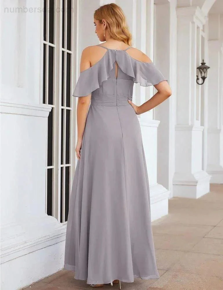 Numbersea Chiffon Cold Shoulder Long Bridesmaid Dresses Plus Size Formal Prom Gowns for Women Party Wedding  SEA28070 - Image 41