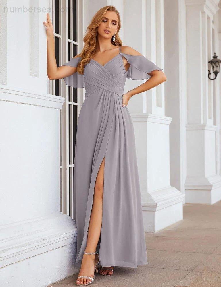 Numbersea Chiffon Cold Shoulder Long Bridesmaid Dresses Plus Size Formal Prom Gowns for Women Party Wedding  SEA28070 - Image 44