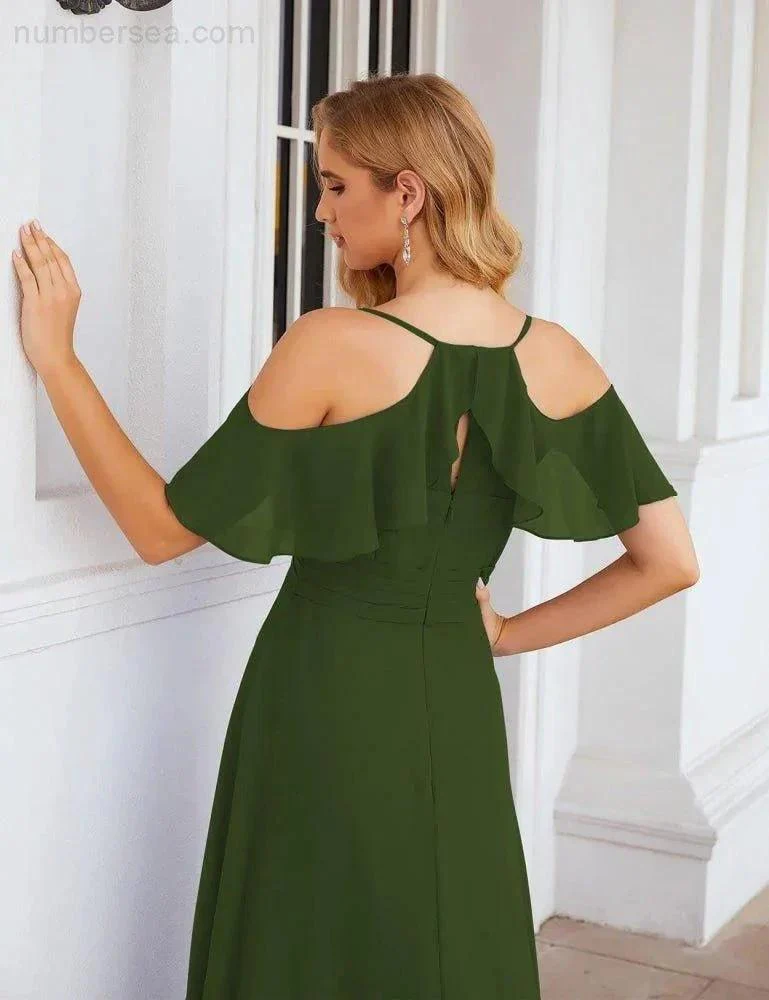 Numbersea Chiffon Cold Shoulder Long Bridesmaid Dresses Plus Size Formal Prom Gowns for Women Party Wedding  SEA28070 - Image 47