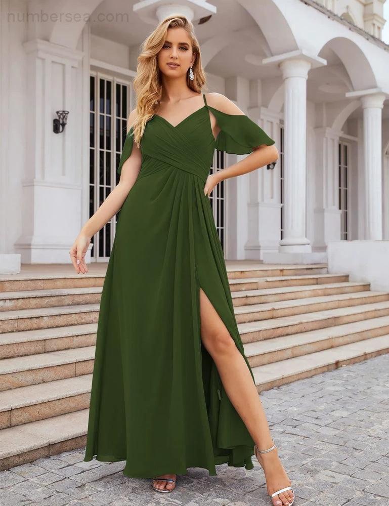 Numbersea Chiffon Cold Shoulder Long Bridesmaid Dresses Plus Size Formal Prom Gowns for Women Party Wedding  SEA28070 - Image 48