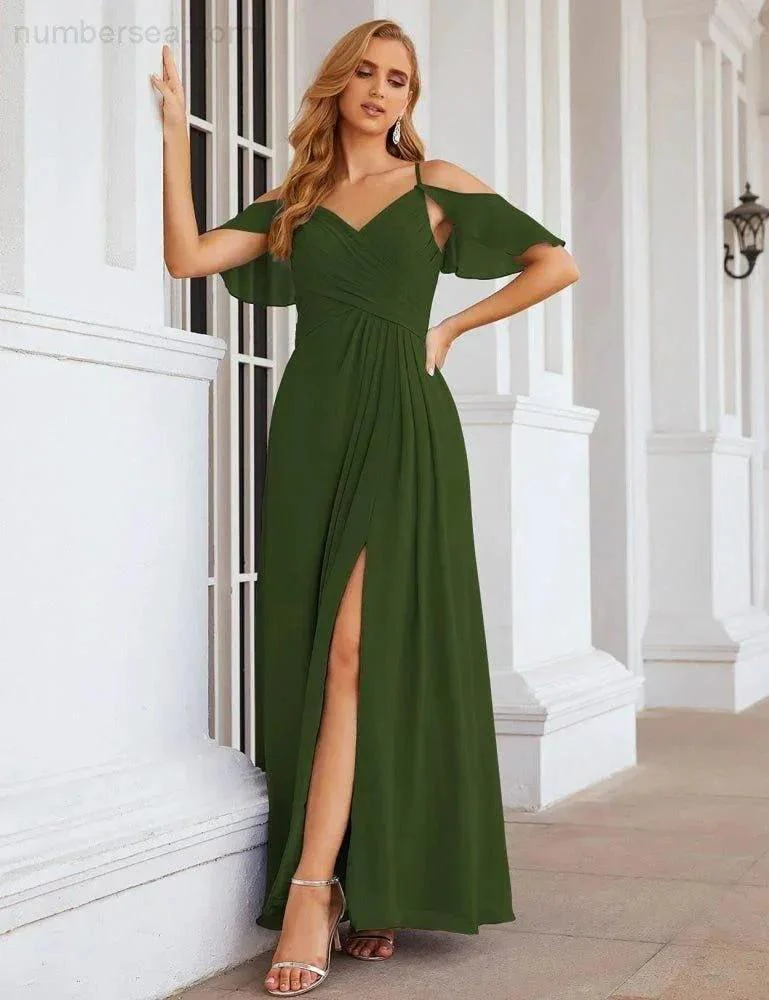 Numbersea Chiffon Cold Shoulder Long Bridesmaid Dresses Plus Size Formal Prom Gowns for Women Party Wedding  SEA28070 - Image 49