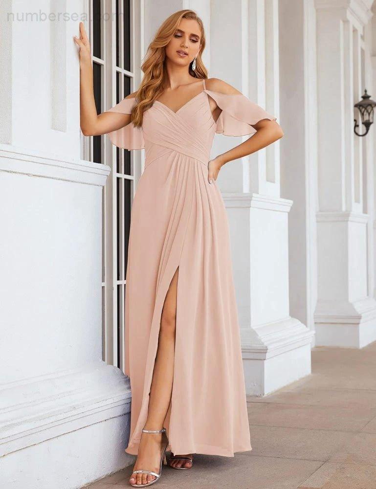 Numbersea Chiffon Cold Shoulder Long Bridesmaid Dresses Plus Size Formal Prom Gowns for Women Party Wedding  SEA28070 - Image 54