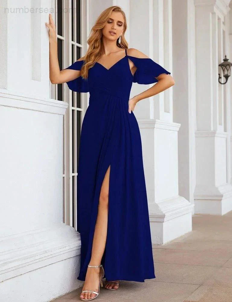 Numbersea Chiffon Cold Shoulder Long Bridesmaid Dresses Plus Size Formal Prom Gowns for Women Party Wedding  SEA28070 - Image 59