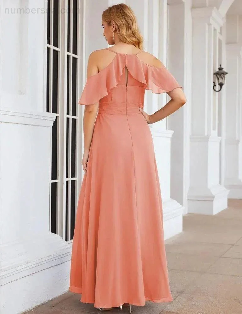Numbersea Chiffon Cold Shoulder Long Bridesmaid Dresses Plus Size Formal Prom Gowns for Women Party Wedding  SEA28070 - Image 6