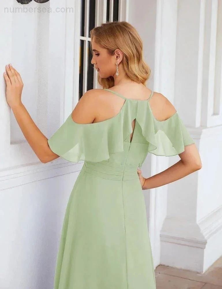 Numbersea Chiffon Cold Shoulder Long Bridesmaid Dresses Plus Size Formal Prom Gowns for Women Party Wedding  SEA28070 - Image 62