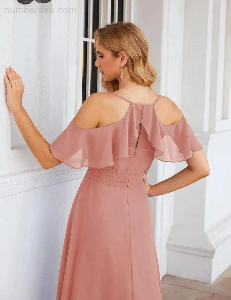 Numbersea Chiffon Cold Shoulder Long Bridesmaid Dresses Plus Size Formal Prom Gowns for Women Party Wedding  SEA28070 - Image 67