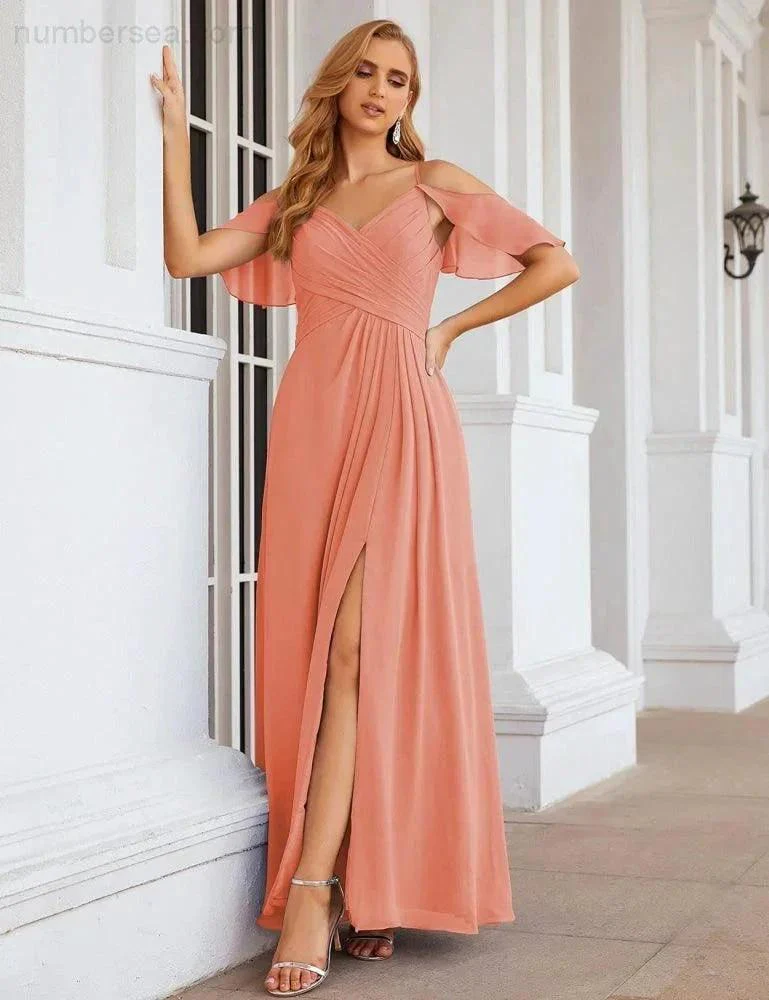 Numbersea Chiffon Cold Shoulder Long Bridesmaid Dresses Plus Size Formal Prom Gowns for Women Party Wedding  SEA28070 - Image 9