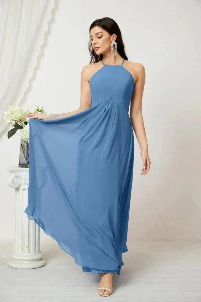 Numbersea Chiffon Halter Bridesmaid Dresses Long A-Line Formal Evening Dress 2805 - Image 39