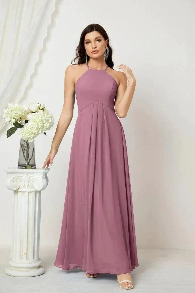 Numbersea Chiffon Halter Bridesmaid Dresses Long A-Line Formal Evening Dress 2805 - Image 43
