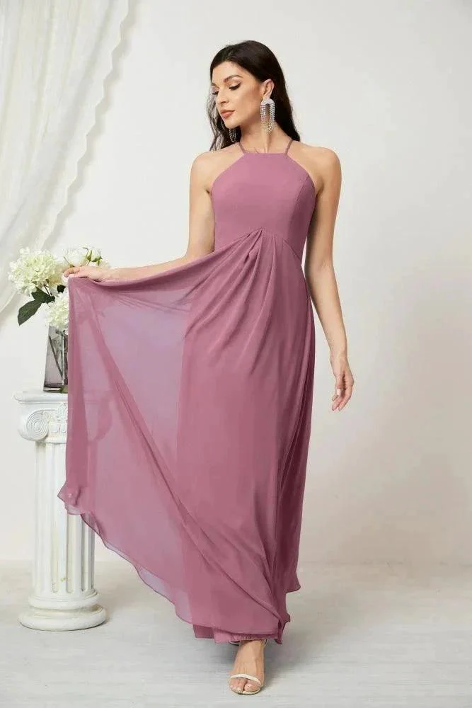 Numbersea Chiffon Halter Bridesmaid Dresses Long A-Line Formal Evening Dress 2805 - Image 44