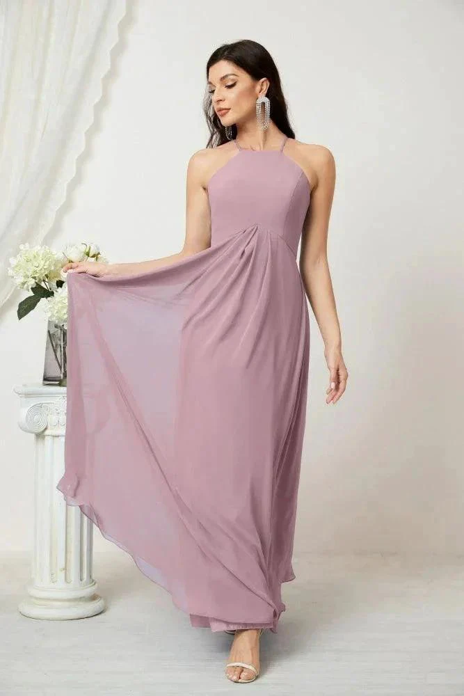 Numbersea Chiffon Halter Bridesmaid Dresses Long A-Line Formal Evening Dress 2805 - Image 46