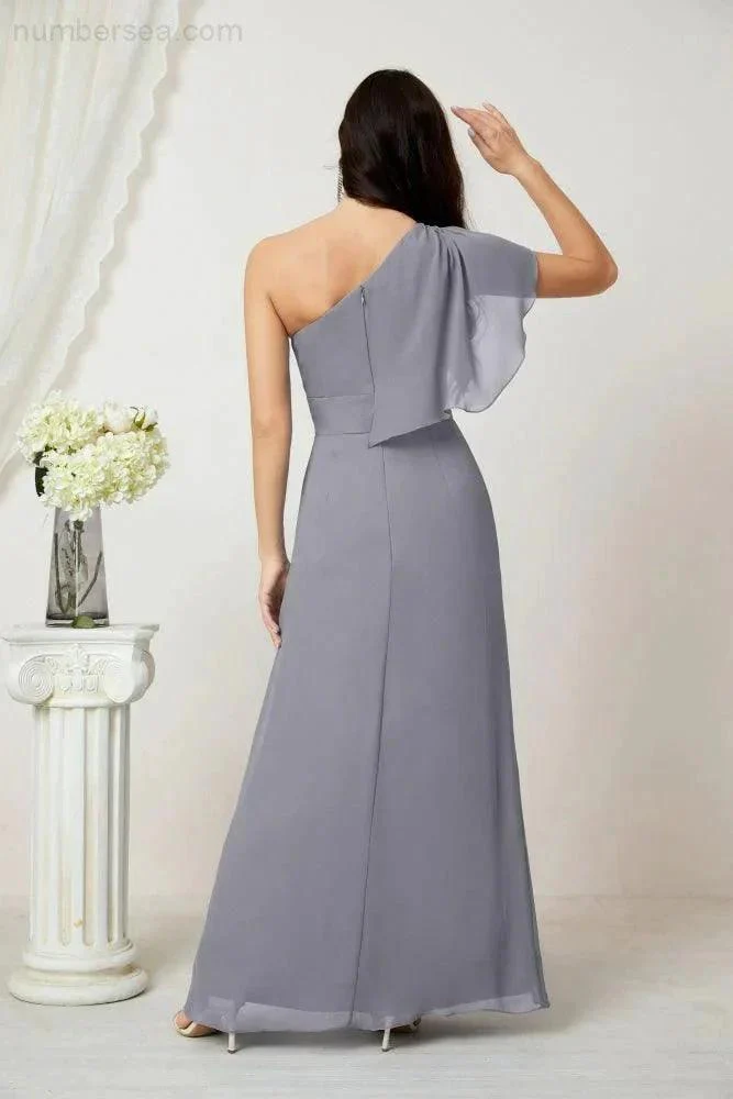 Numbersea  Chiffon Ruffled One Shoulder Long Bridesmaid Dresses A-line Formal Evening Gown Side Split 2809 - Image 10
