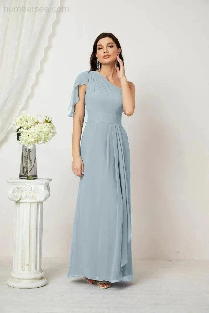 Numbersea  Chiffon Ruffled One Shoulder Long Bridesmaid Dresses A-line Formal Evening Gown Side Split 2809 - Image 100