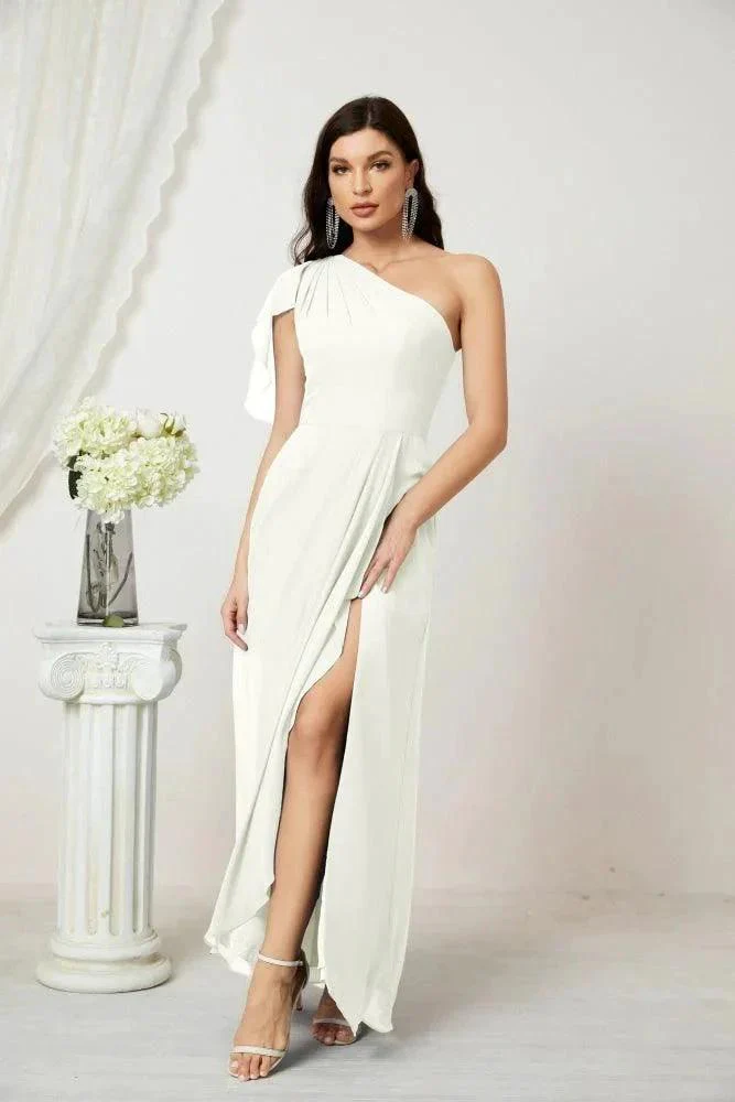 Numbersea  Chiffon Ruffled One Shoulder Long Bridesmaid Dresses A-line Formal Evening Gown Side Split 2809 - Image 101