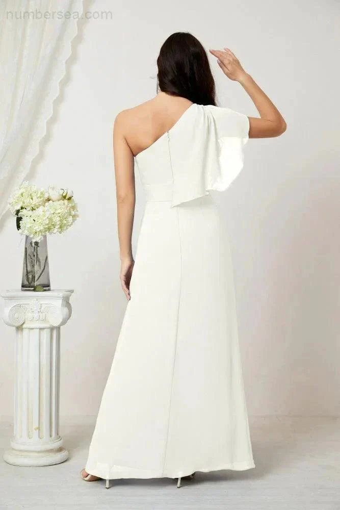Numbersea  Chiffon Ruffled One Shoulder Long Bridesmaid Dresses A-line Formal Evening Gown Side Split 2809 - Image 102