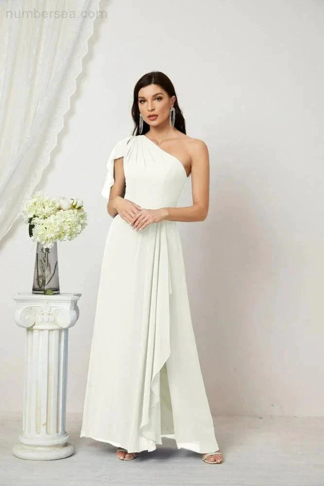 Numbersea  Chiffon Ruffled One Shoulder Long Bridesmaid Dresses A-line Formal Evening Gown Side Split 2809 - Image 103