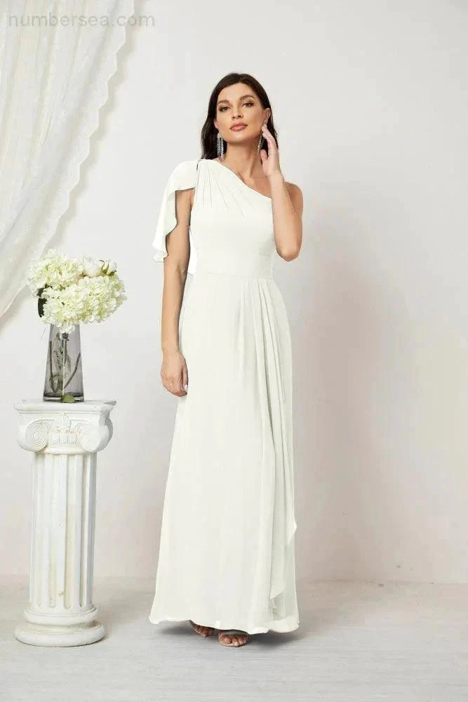 Numbersea  Chiffon Ruffled One Shoulder Long Bridesmaid Dresses A-line Formal Evening Gown Side Split 2809 - Image 104