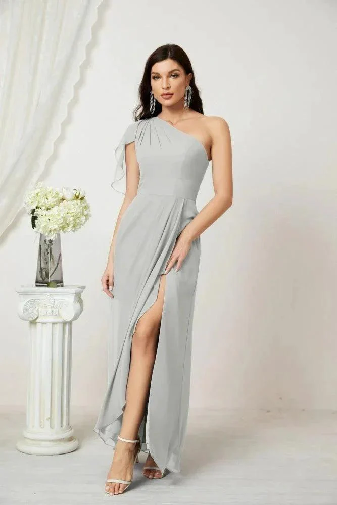 Numbersea  Chiffon Ruffled One Shoulder Long Bridesmaid Dresses A-line Formal Evening Gown Side Split 2809 - Image 105