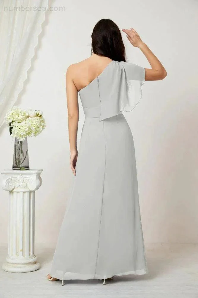 Numbersea  Chiffon Ruffled One Shoulder Long Bridesmaid Dresses A-line Formal Evening Gown Side Split 2809 - Image 106
