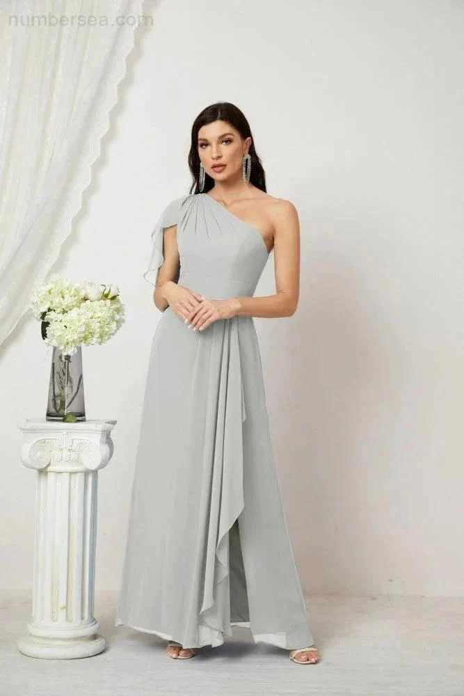 Numbersea  Chiffon Ruffled One Shoulder Long Bridesmaid Dresses A-line Formal Evening Gown Side Split 2809 - Image 107
