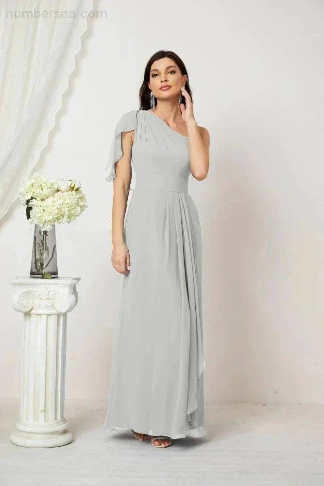 Numbersea  Chiffon Ruffled One Shoulder Long Bridesmaid Dresses A-line Formal Evening Gown Side Split 2809 - Image 108