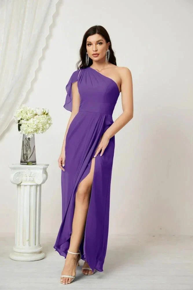 Numbersea  Chiffon Ruffled One Shoulder Long Bridesmaid Dresses A-line Formal Evening Gown Side Split 2809 - Image 109